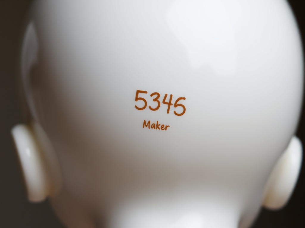 close-up of porcelain doll markings on the back of the head with numbers and maker stamp, macro detail