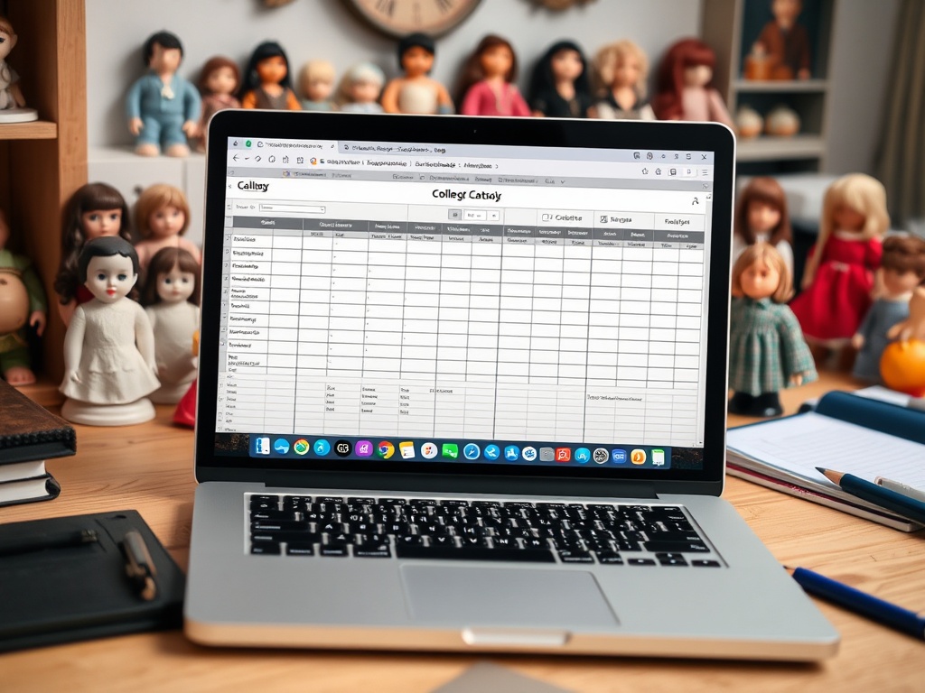 collector catalog spreadsheet on a laptop with porcelain dolls in the background, organized workspace