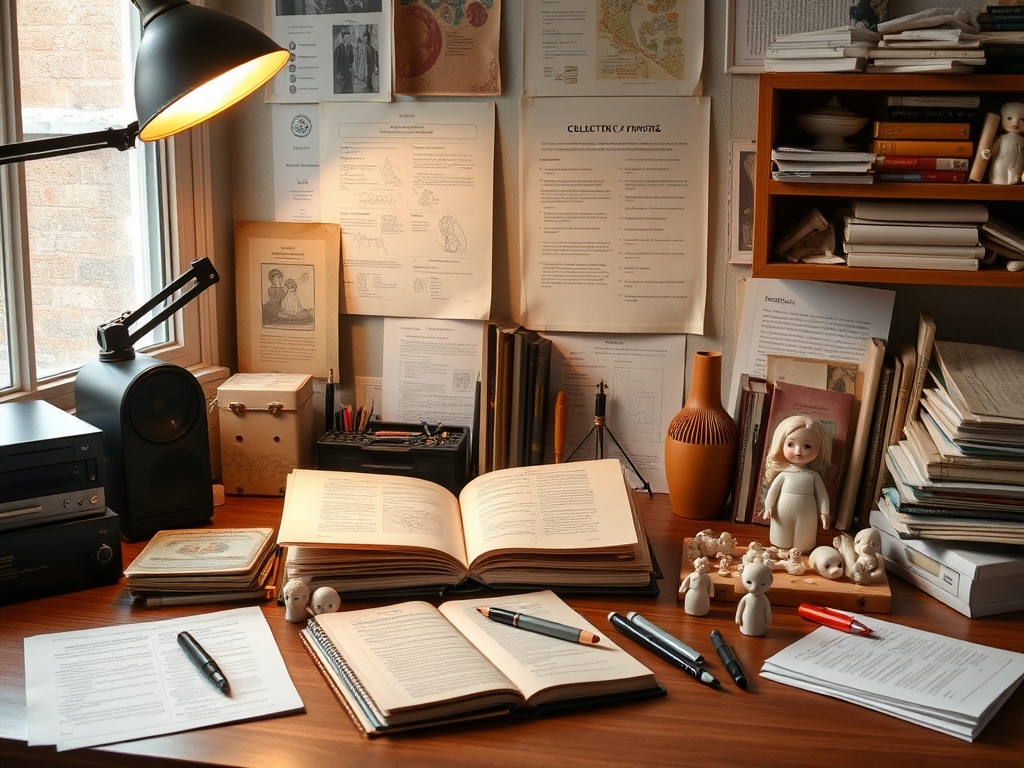 collector workspace with notebooks, printed references, and porcelain doll parts under warm desk lighting