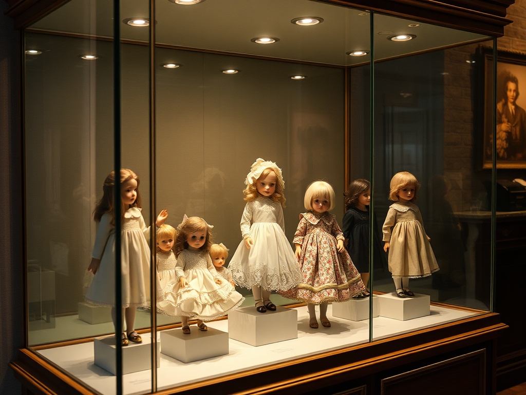 elegant glass display case with porcelain dolls under controlled lighting, refined collector aesthetic