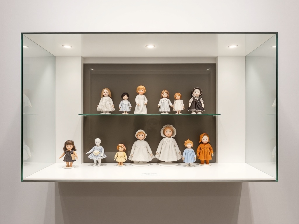 minimalist display cabinet with a curated set of porcelain dolls arranged symmetrically, museum-like presentation