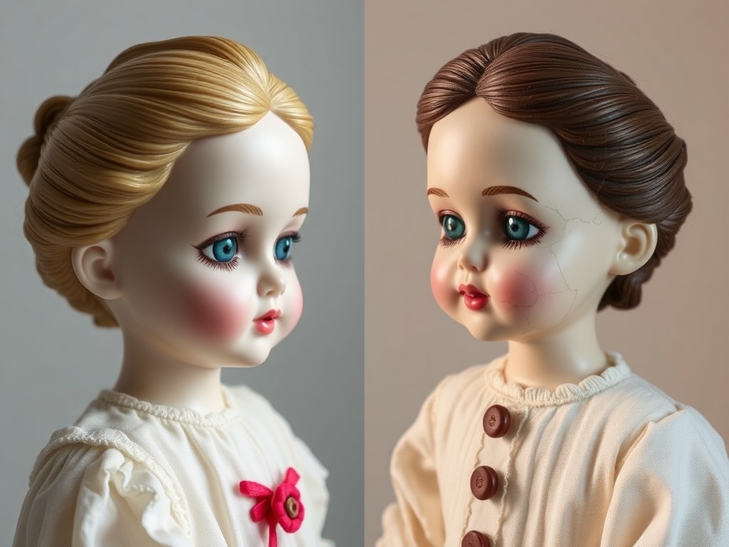 side-by-side comparison of pristine porcelain doll versus one with visible cracks and restoration, neutral background