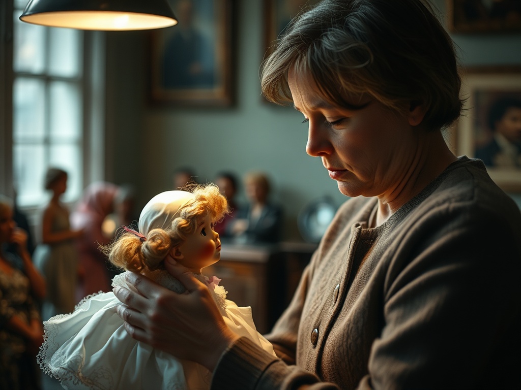 thoughtful collector examining a porcelain doll closely under soft light, contemplative mood