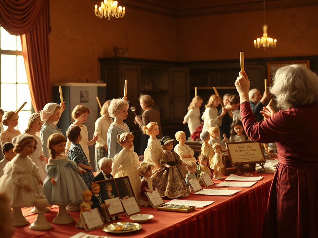 vintage auction scene with porcelain dolls displayed on a table and bidders raising paddles, warm tones