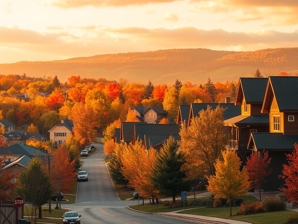 autumn prairie town with colorful trees, quiet streets, warm golden hour lighting