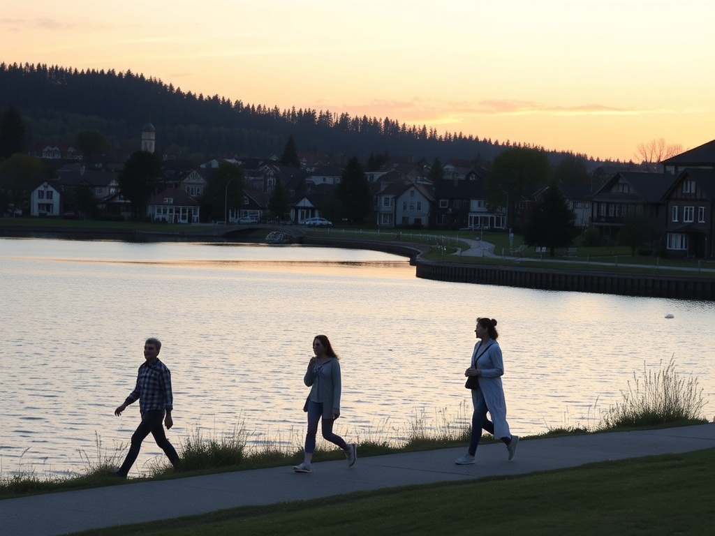 happy small town lifestyle, people walking near lake at sunset, relaxed and peaceful mood