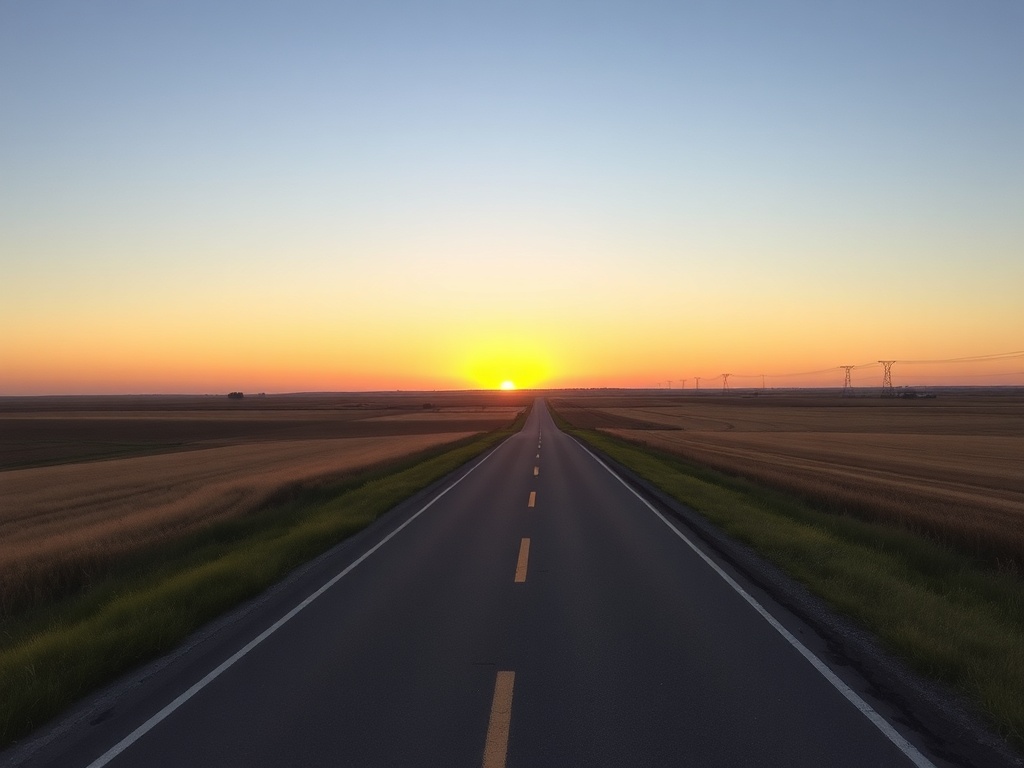 quiet prairie road at sunset, wide open sky, peaceful rural landscape