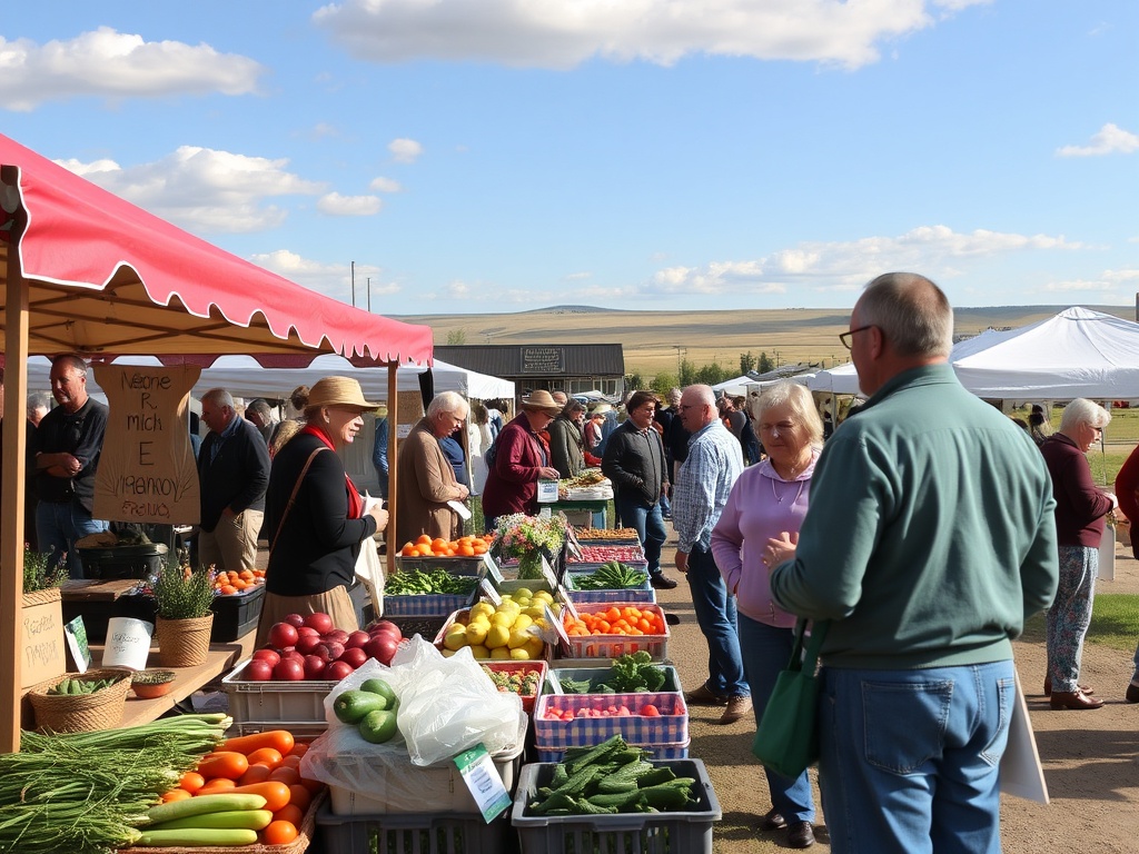small town farmers market on prairie, people chatting, local produce, warm community vibe