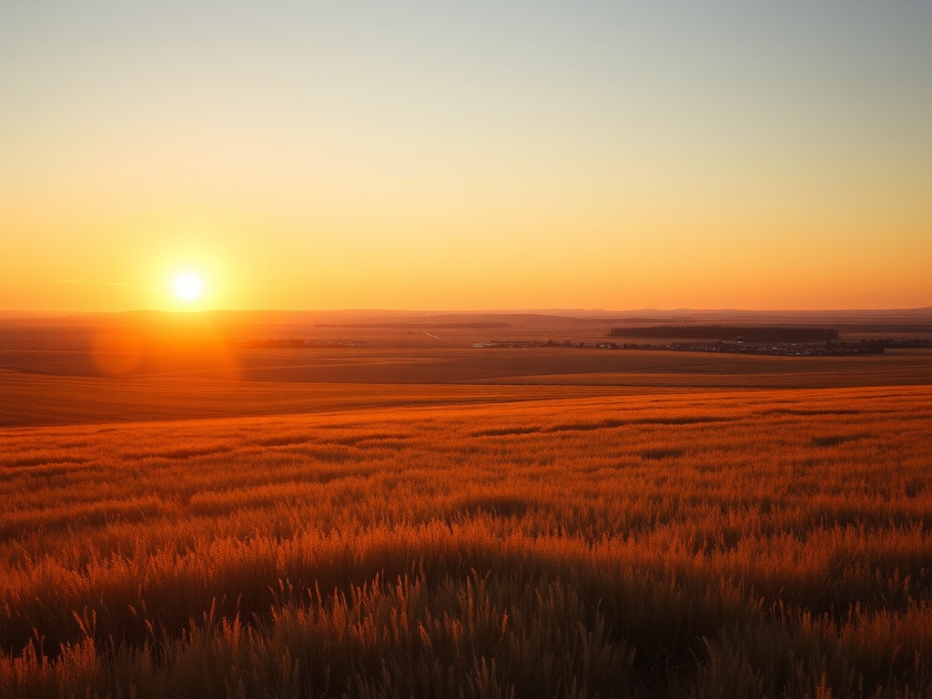 wide prairie skyline at sunrise with golden fields and small town in distance, cinematic lighting