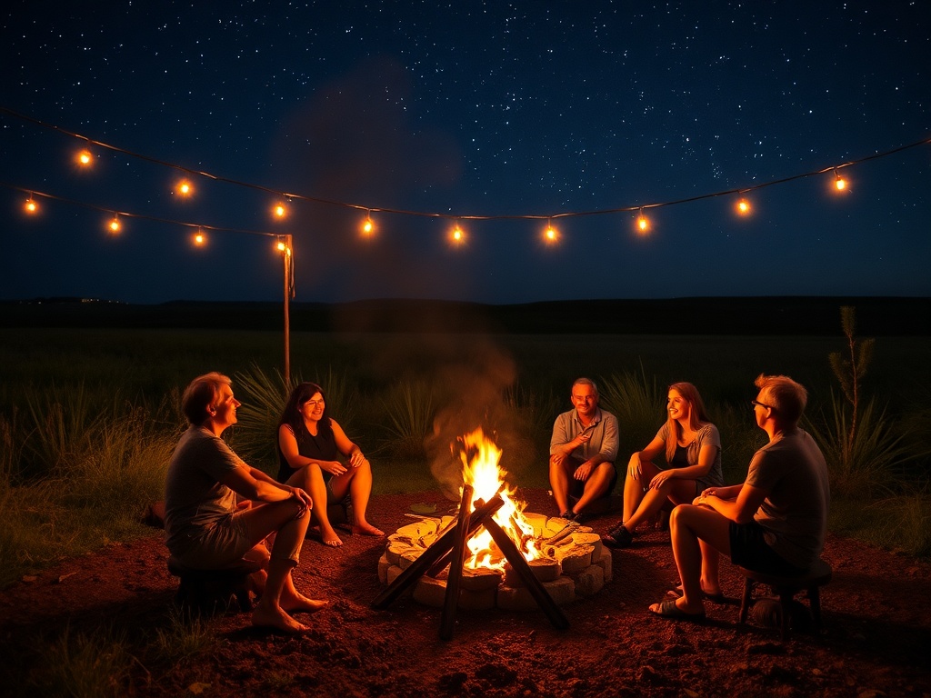 backyard bonfire night with friends, string lights, prairie sky full of stars, relaxed gathering