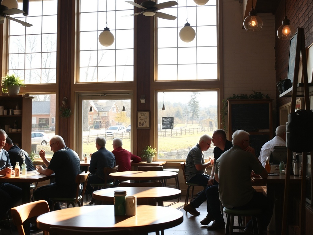 cozy local coffee shop interior with sunlight through windows, people chatting casually, prairie town vibe