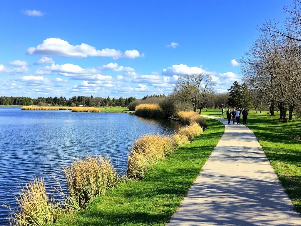 crescent lake portage la prairie walking path, calm water, people strolling under big prairie sky