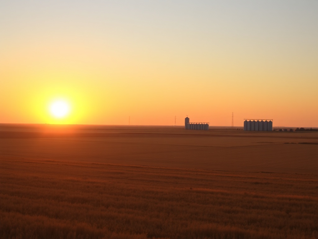 golden prairie sunrise over flat farmland with grain elevators in the distance, calm and expansive sky