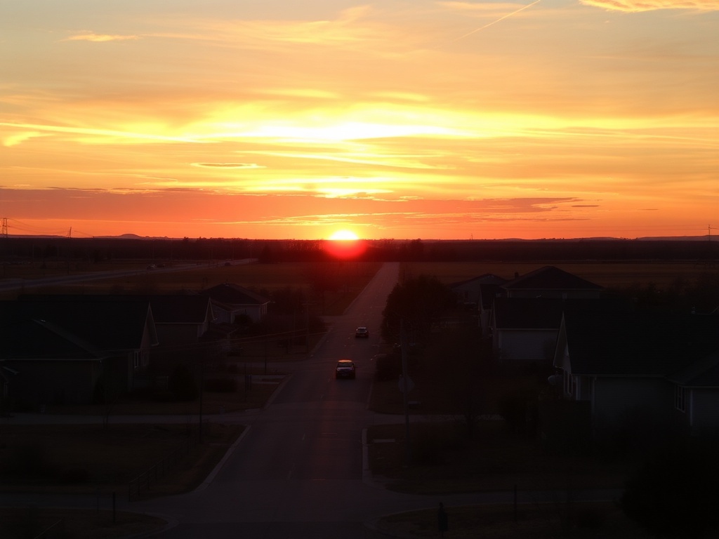 prairie sunset over quiet neighborhood, warm tones, calm streets, sense of closure to the day