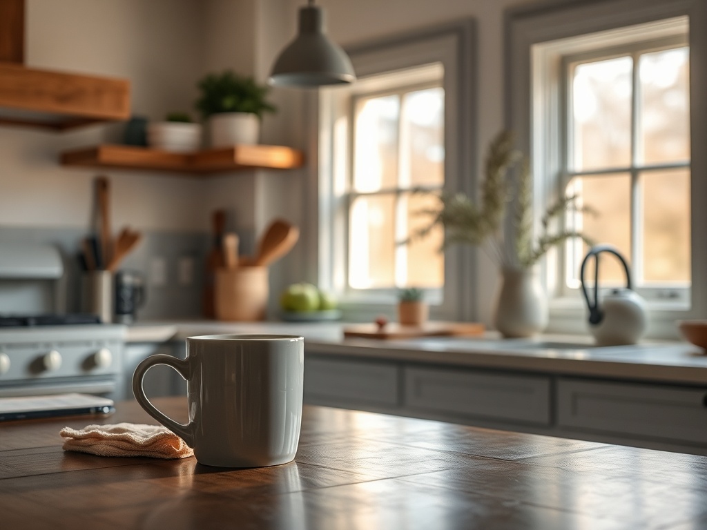 quiet sunday morning kitchen with coffee mug, soft light, prairie home calm atmosphere
