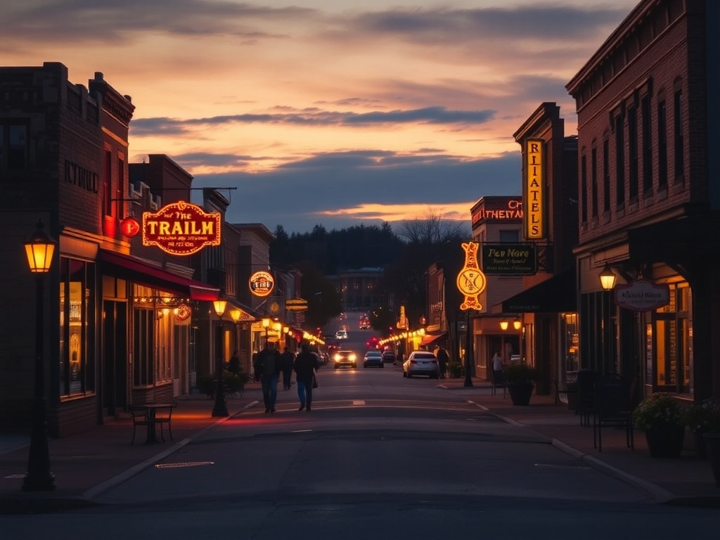 small town evening street with warm lights, quiet sidewalks, local pub glow, prairie town atmosphere