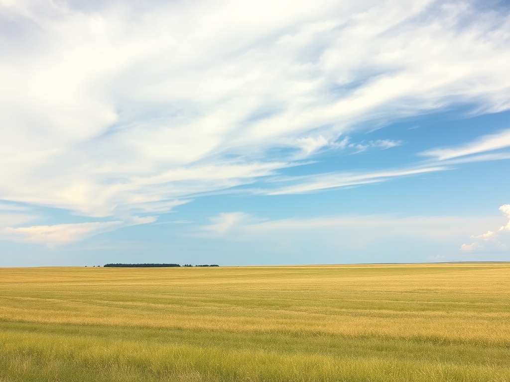 wide open prairie landscape with big sky, minimal horizon, feeling of freedom and space