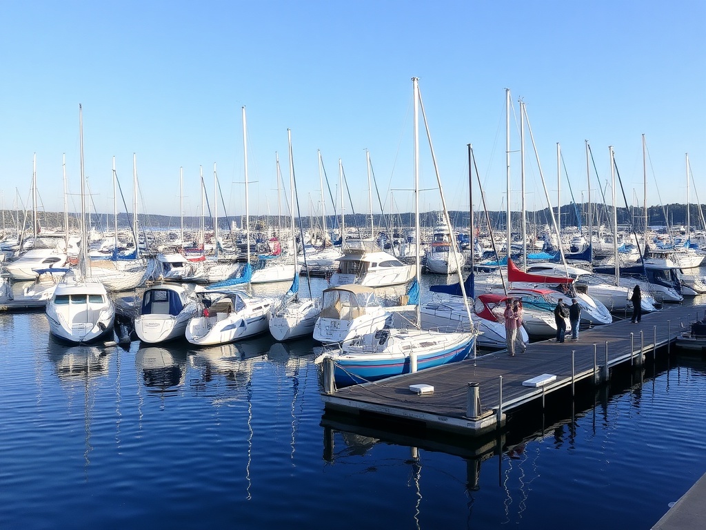 calm marina waters, boats docked, people walking on docks