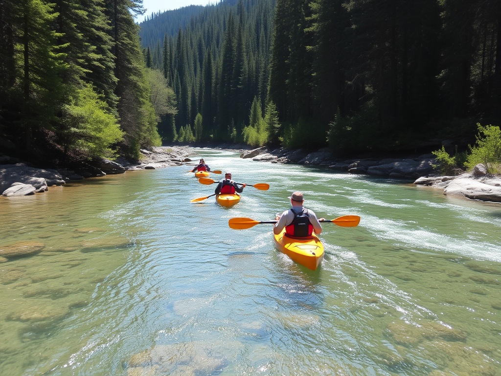 clear river flowing through forest, kayakers paddling