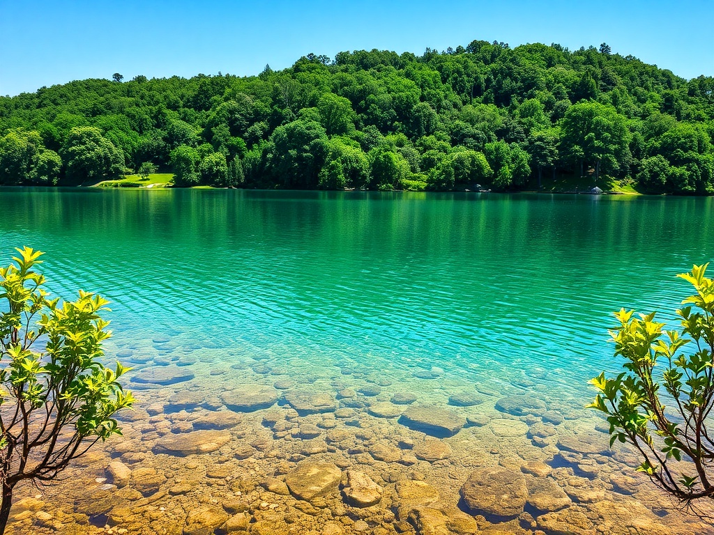 crystal-clear lake, lush greenery, peaceful setting