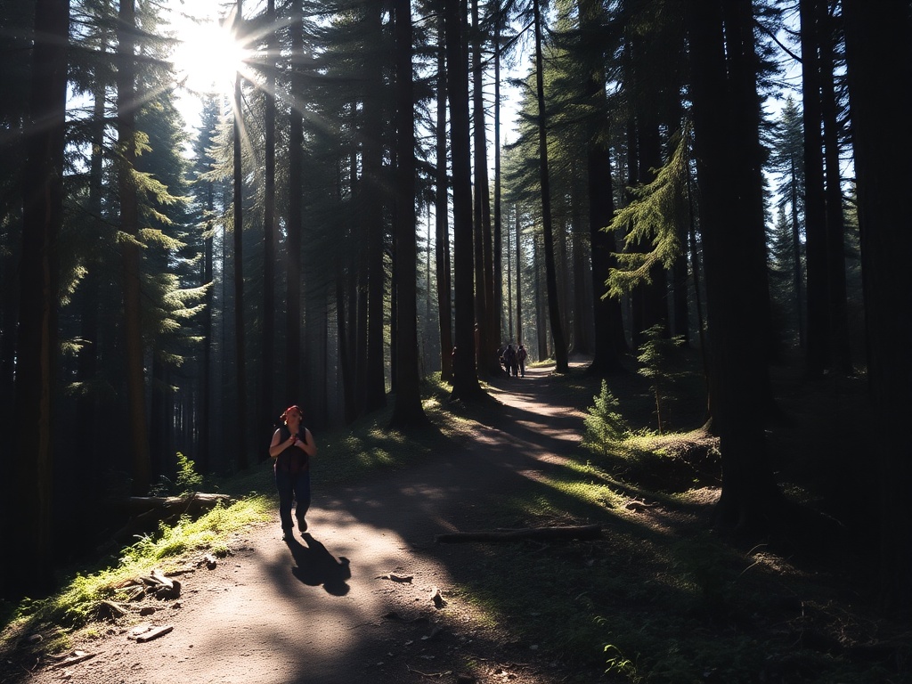 dense forest trails, sunlight filtering through trees, hikers walking