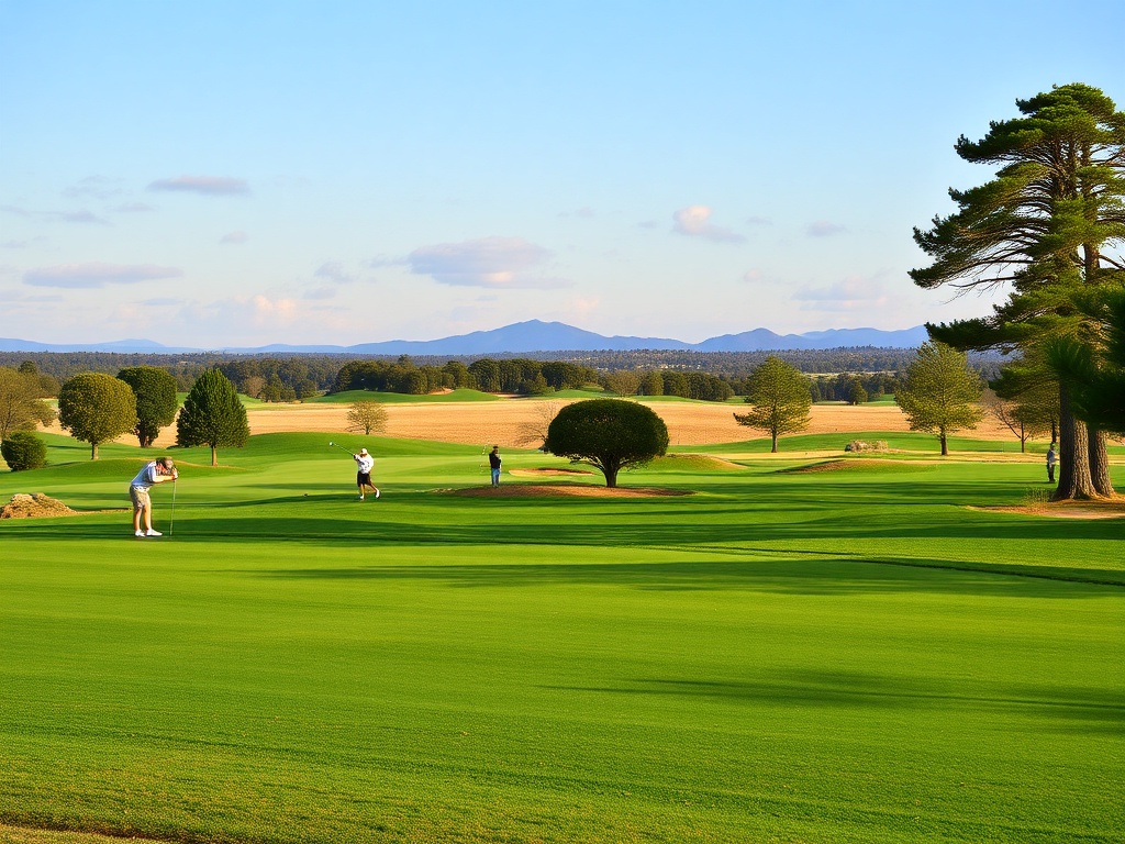 golf course fairways, players teeing off, scenic views
