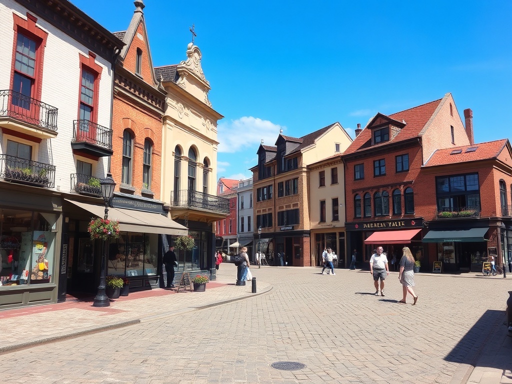 historic town square, vintage storefronts, cobblestone streets