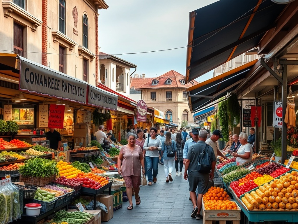 local market, vendors selling produce, shoppers browsing goods