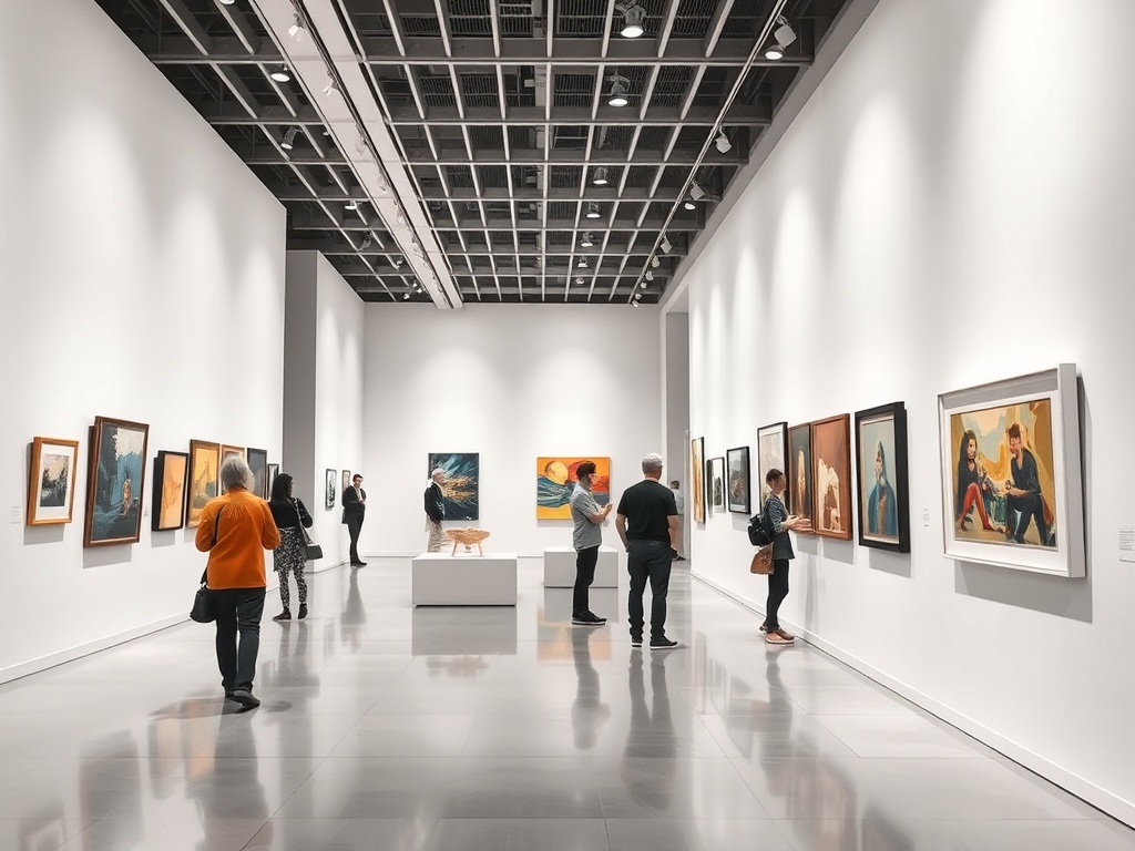 modern art gallery interior, people viewing artwork, contemporary style