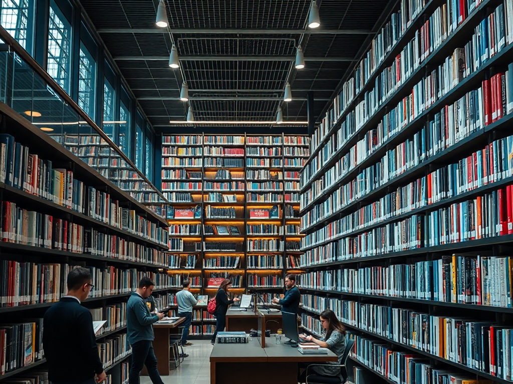 modern library interior, rows of bookshelves, people reading