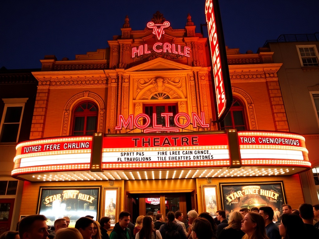 vintage theatre facade, lights glowing, crowd enjoying a show