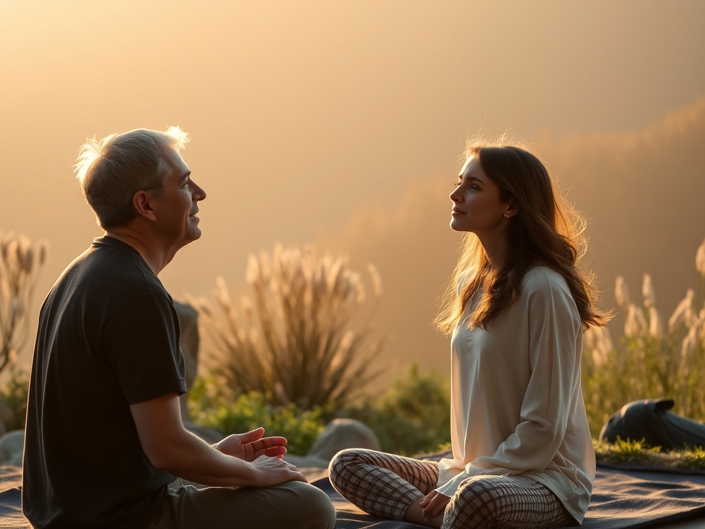 calming breathing exercise with person in a peaceful setting