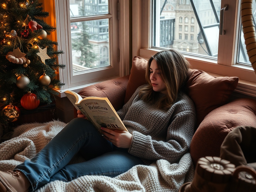 person relaxing in a cozy spot with a book