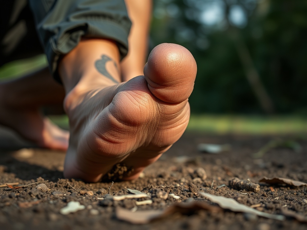 close-up of person pressing feet firmly into the ground outdoors