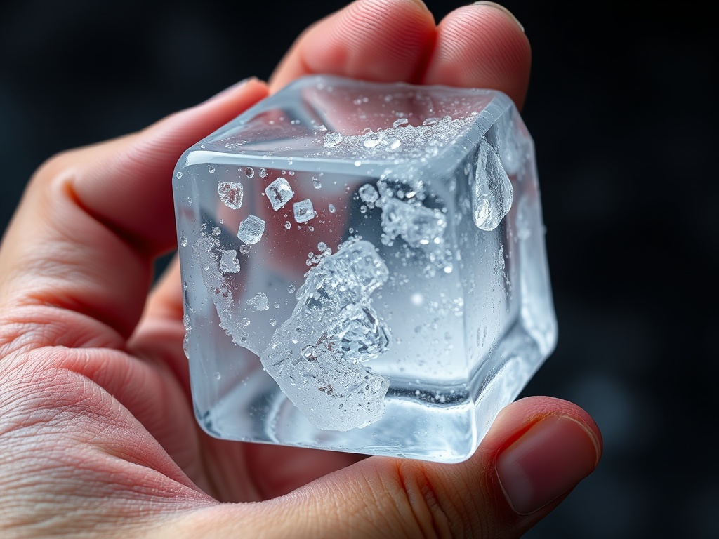 hand holding ice cube with visible texture and condensation