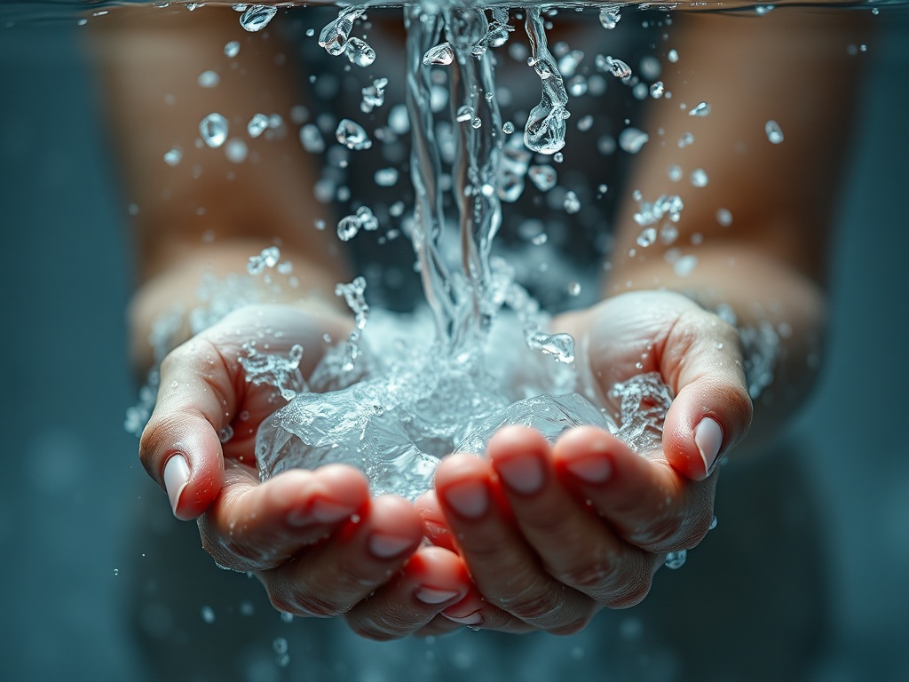 hands under cold running water, high detail droplets, refreshing mood