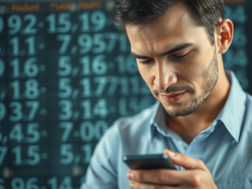 person concentrating while counting numbers, abstract background