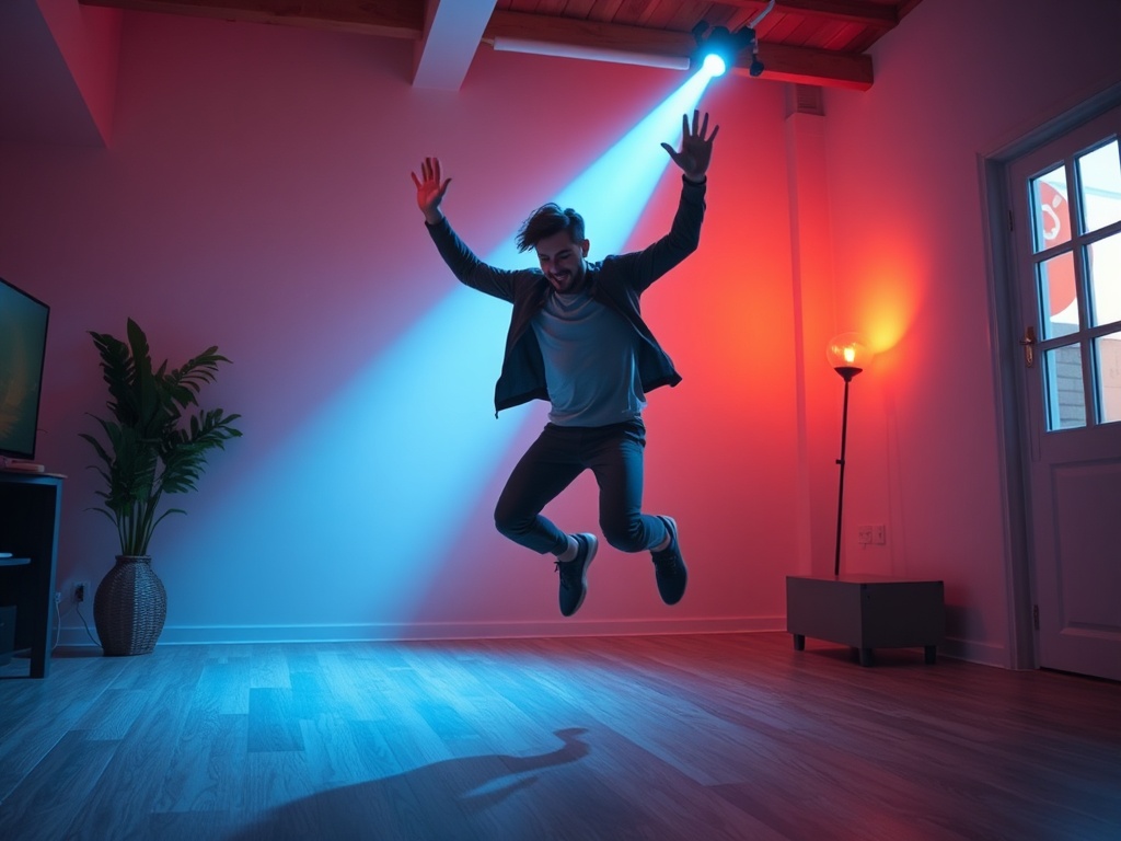 person doing quick jumping jacks indoors, energetic lighting