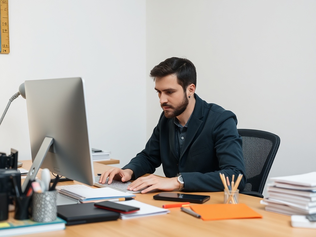 person focusing on a single task at a desk, minimal clutter