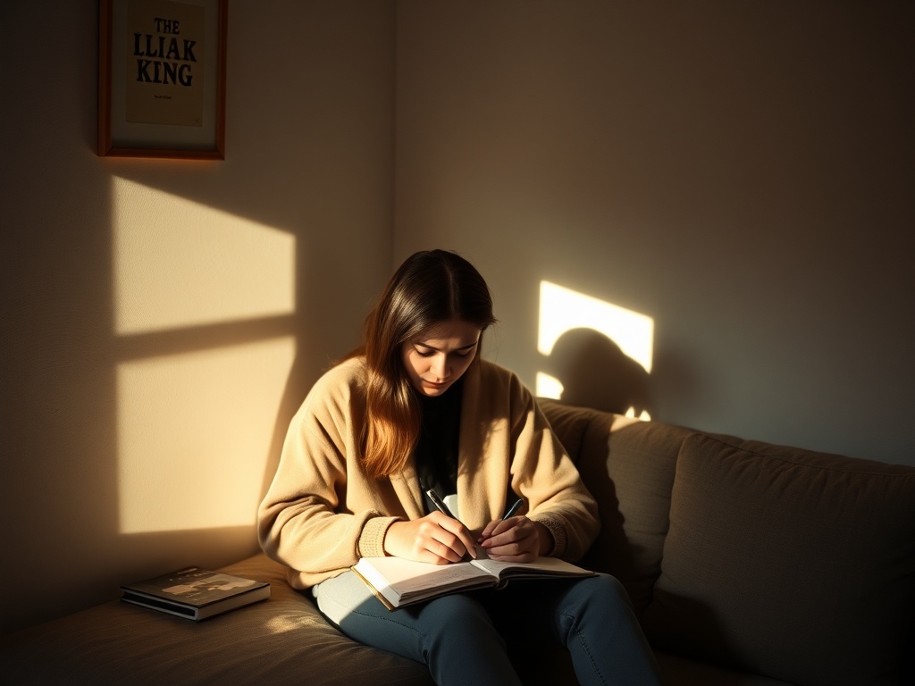 person journaling emotions in a quiet room with soft light