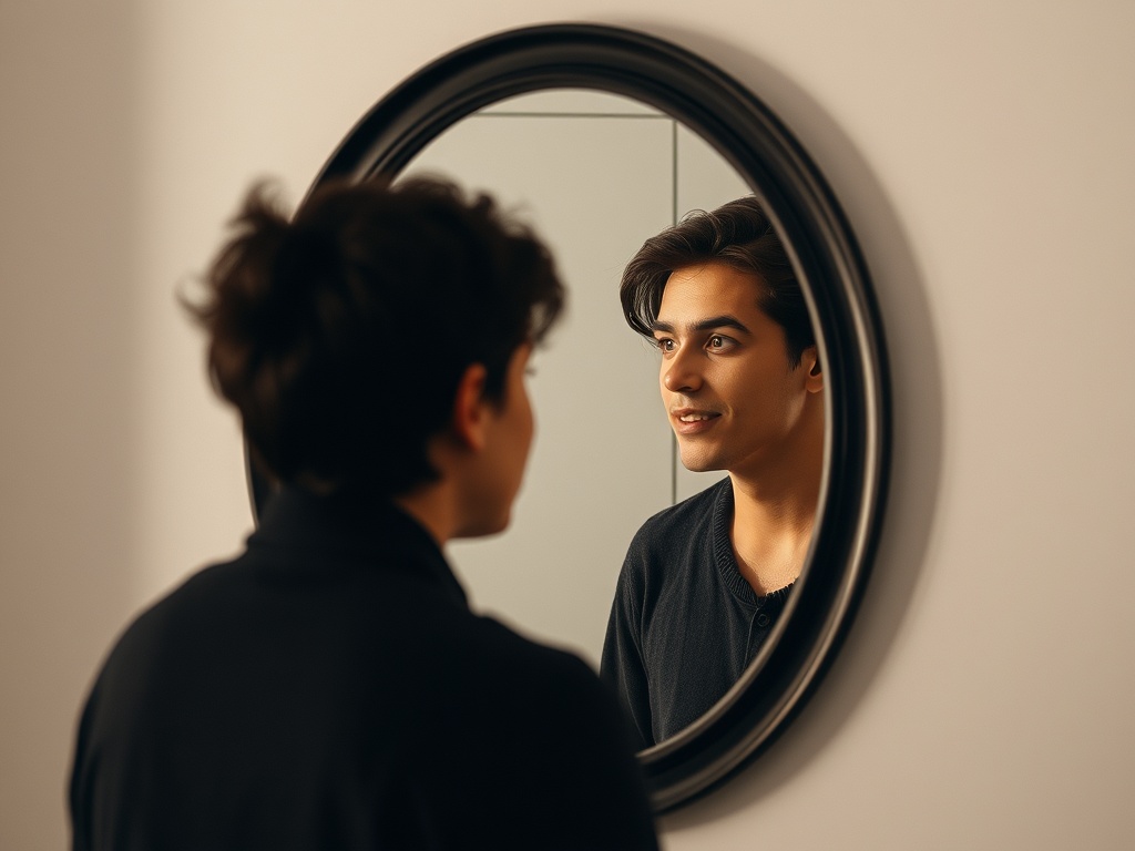 person looking in mirror speaking calmly to themselves