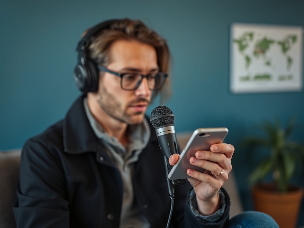 person narrating into phone recorder, casual setting