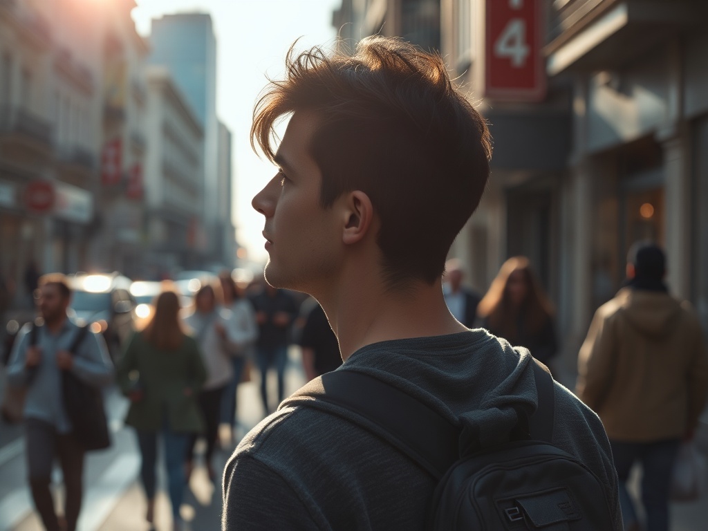 person pausing in a busy street focusing on surroundings, soft natural light, calming atmosphere