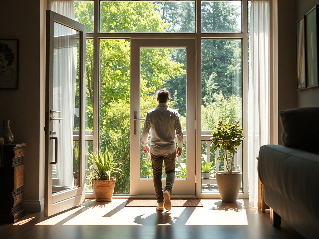 person stepping outside into fresh air from indoor space