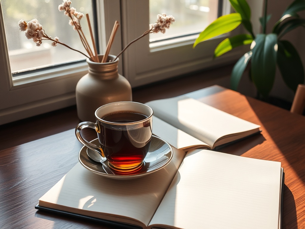 a calm morning routine, with tea, a journal, and light sunlight
