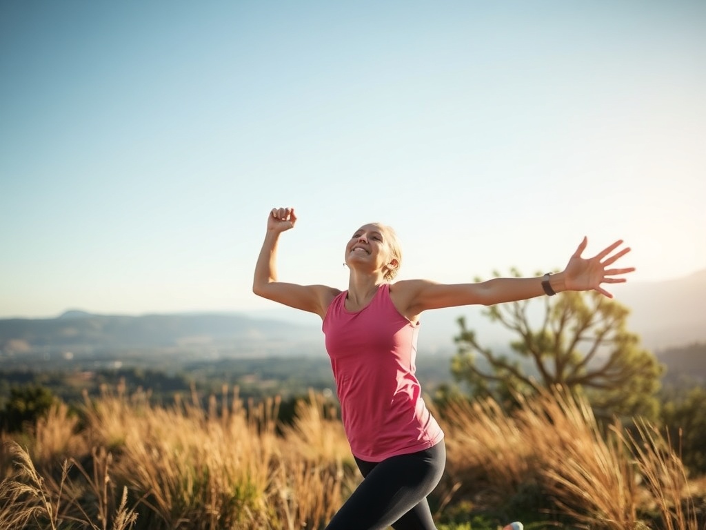 a person exercising in nature, feeling energized