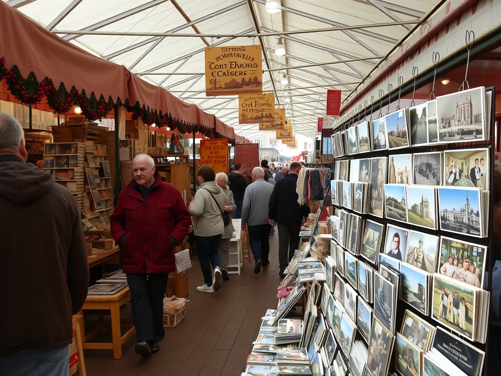 A bustling flea market with vintage postcards for sale