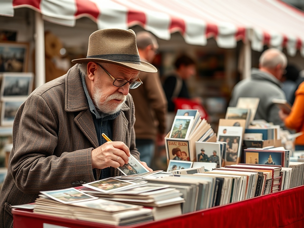 A collector carefully inspecting postcards at a flea market