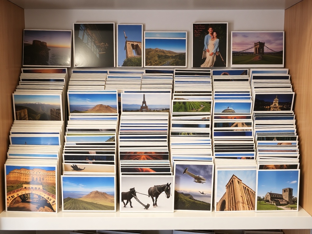 A neatly organized postcard collection displayed on a shelf