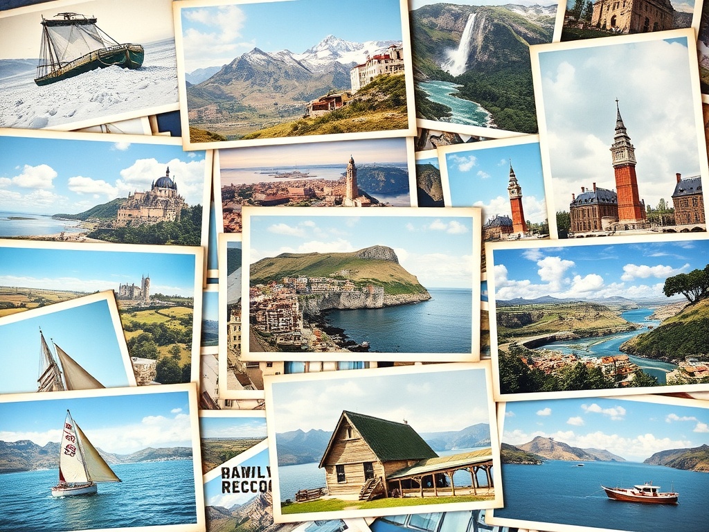 A vintage postcard collection featuring various scenes from around the world
